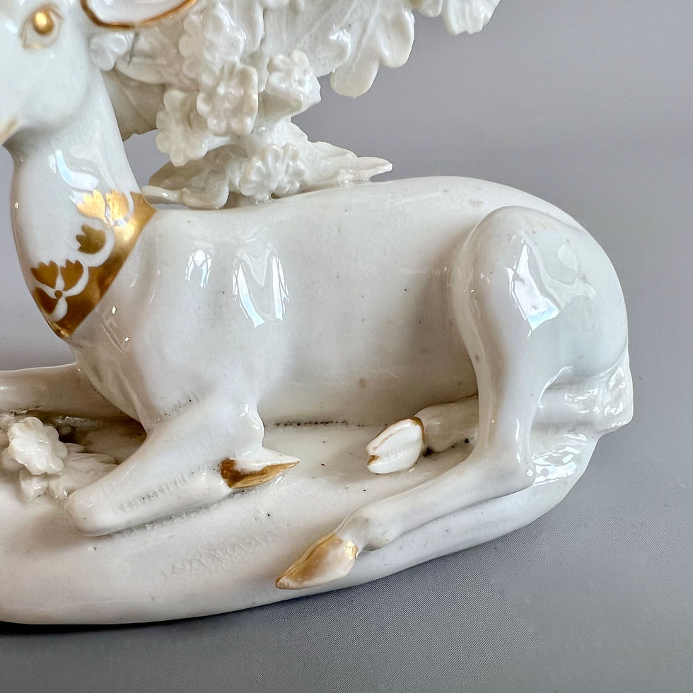Thumbnail: Bloor Derby pair of porcelain figures, stag and doe, ca1765-1820