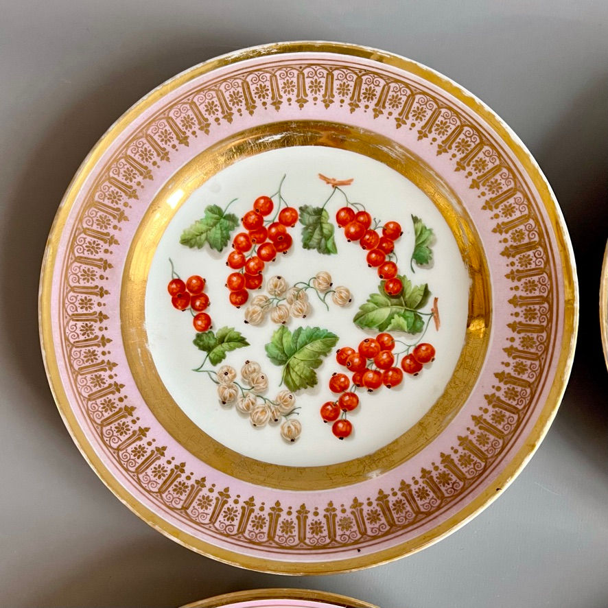 Thumbnail: Vieux Paris set of 6 plates, mauve, gilt and sublime fruits, ca 1865