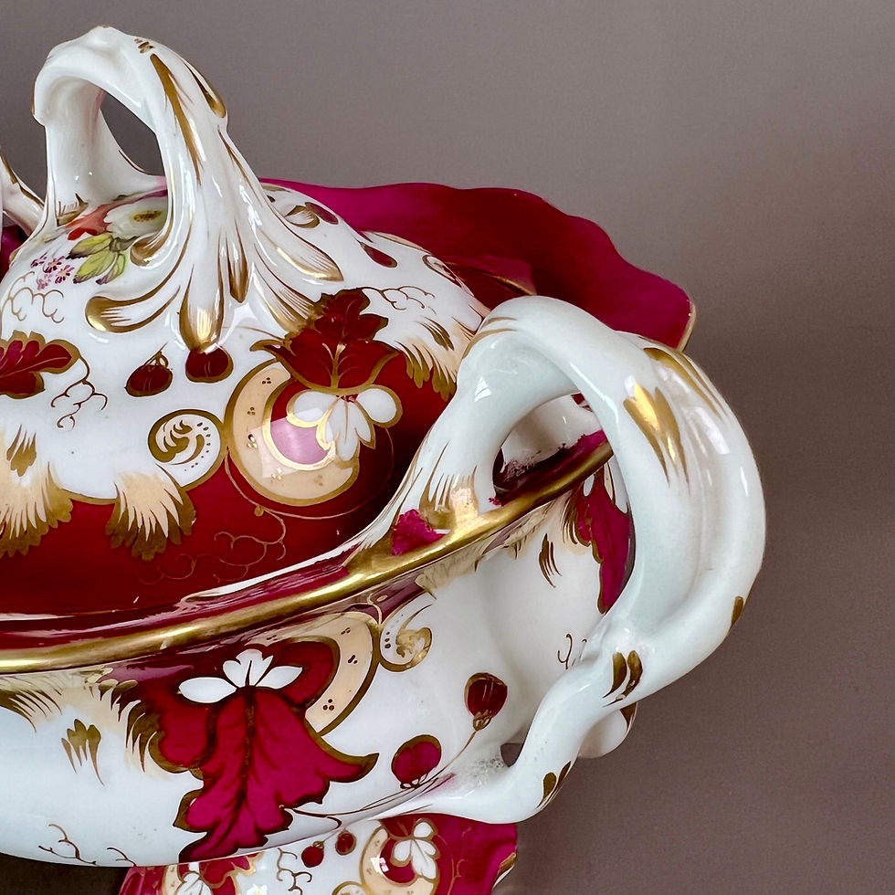 Thumbnail: Samuel Alcock footed sauce tureen, maroon with flower sprays, ca 1842