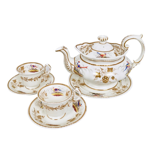 Grainger Worcester tea set, Rococo Revival with birds, ca 1830