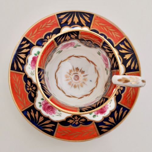 Coalport true trio, cobalt blue, orange and roses, ca 1820
