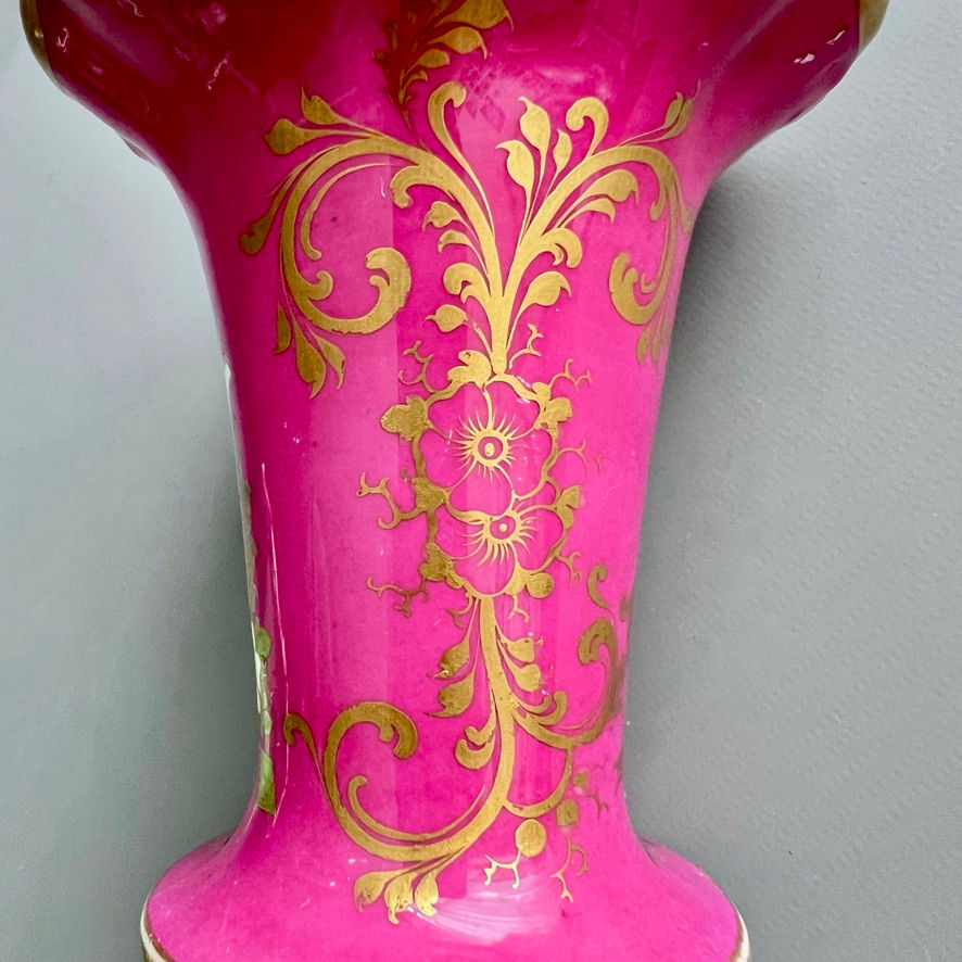 Thumbnail: Samuel Alcock pair of small vases, maroon and emerald green, ca 1831