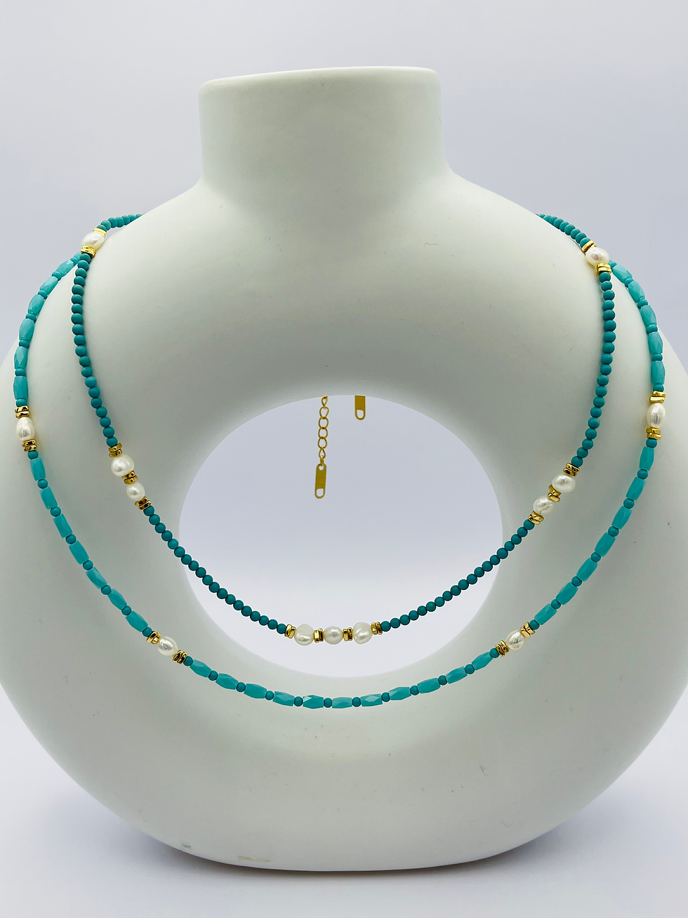 Thumbnail: Layered Pearl Turquoise Beaded Necklace on top
