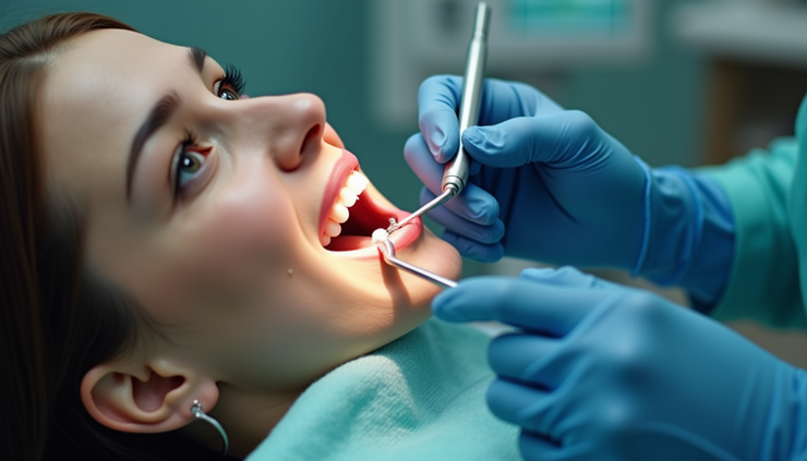 Close-up view of dental scaling and polishing procedure on teeth