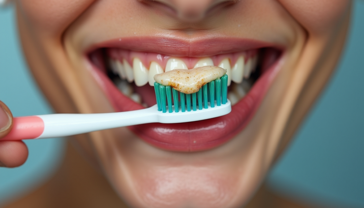 Close-up view of a toothbrush scrubbing stained teeth