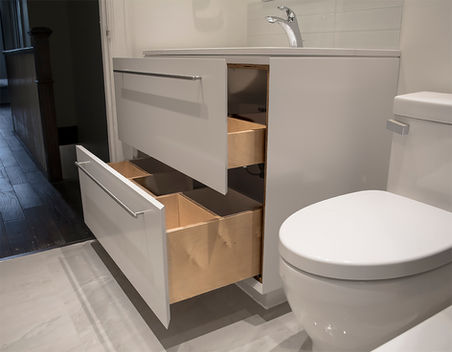 White painted wall-hung vanity with mitre edge in Toronto
