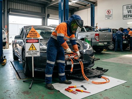 Mechanic in arc flash PPE working on an electric vehicle high-voltage system in an Australian automotive workshop — WorkSafe compliance automotive workshop Australia.