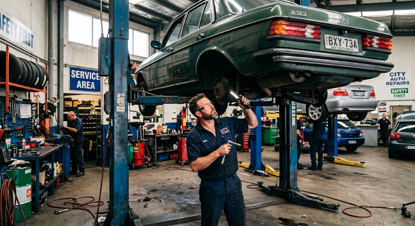 Mechanic working under a car raised on a two-post hoist in a busy automotive workshop