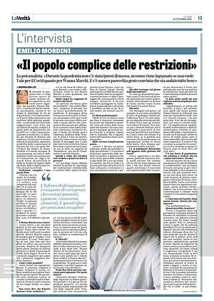La pagina de La Verità del 31/10/2022 con l'intervista di Maddalena Loy a Emilio Mordini