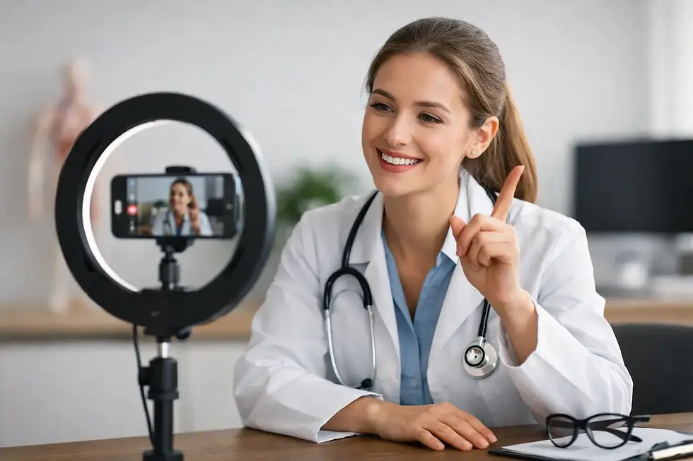 a doctor pointing with a demonstration in front of her iphone camera and ring light