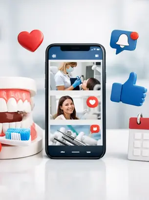 an iphone with dental props near it, with social icons floating