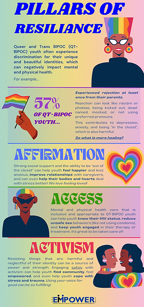 An infographic titled "Pillars of Resilience", detailing how affirmation, access, and activism can help LGBTQ+ youth from BIPOC backgrounds feel more empowered and safe.