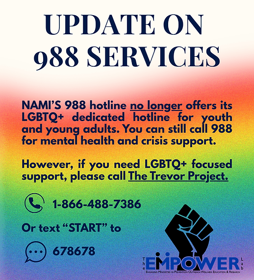 The 988 mental health hotline is no longer offering a dedicated space for LGBTQ+ individuals. Instead, call The Trevor Project at 1-866-488-7386, or text "Start" to 678678