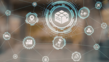 Futuristic logistics network interface with package, delivery truck, scooter, plane, and home icons connected by glowing lines.