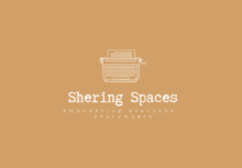 Typewriter logo with Shering Spaces text, empowering everyone everywhere, on tan background.