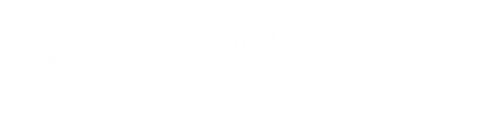 Wavespace Marketing logo white text on black background, for website.