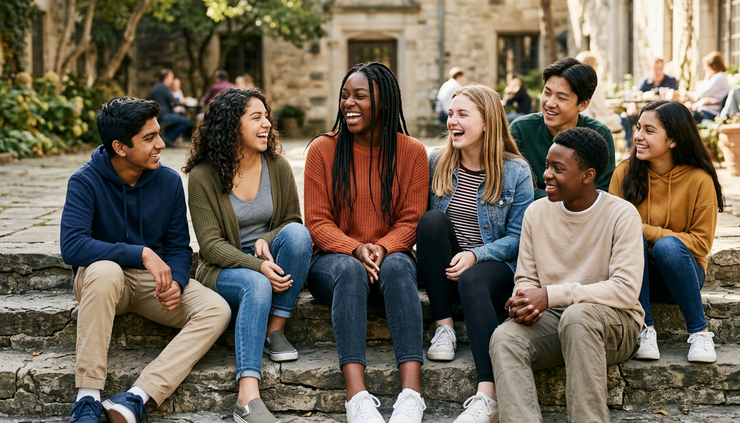 Eye-level view of a tall girl laughing with friends on outdoor steps