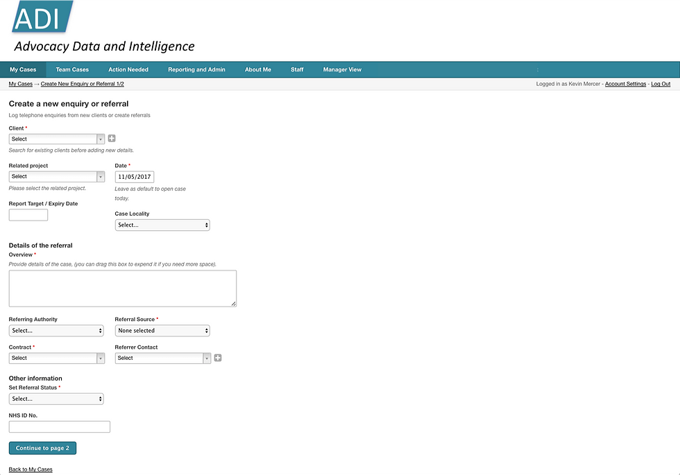 ADI screen shot create an enquiry