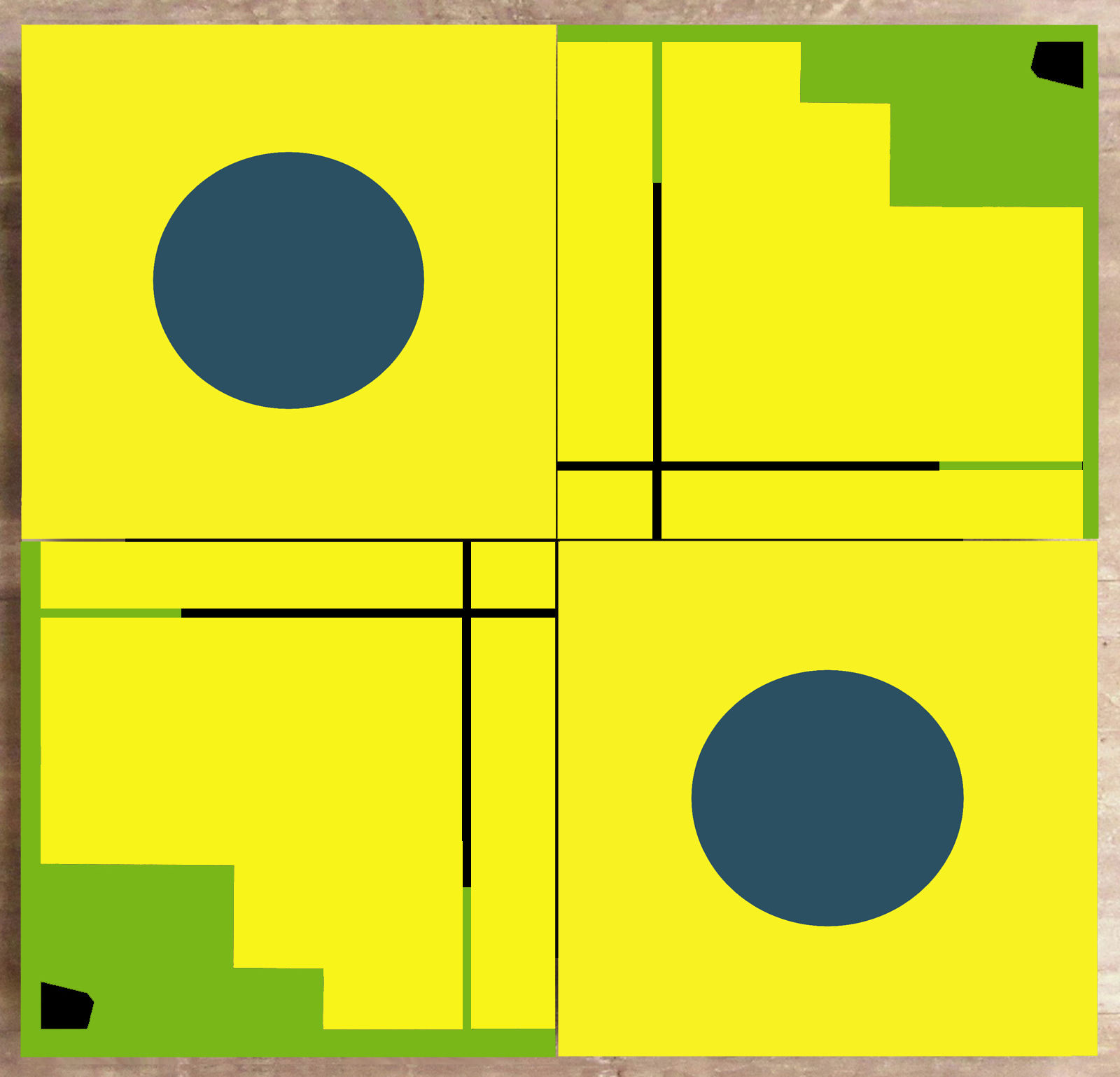 Quadriptyque géométrique abstrait jaune fluo