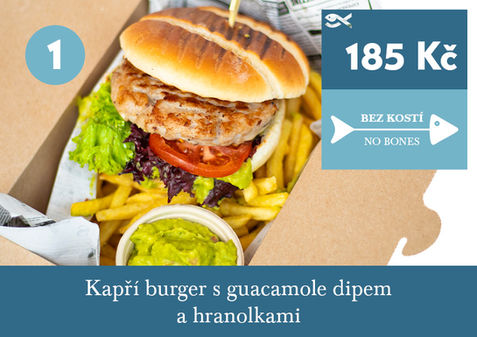 Carp burger with guacamole dip and fries