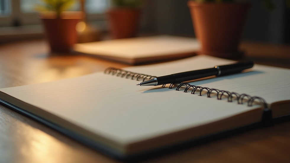 Eye-level view of a cozy writing desk with a notebook and pen