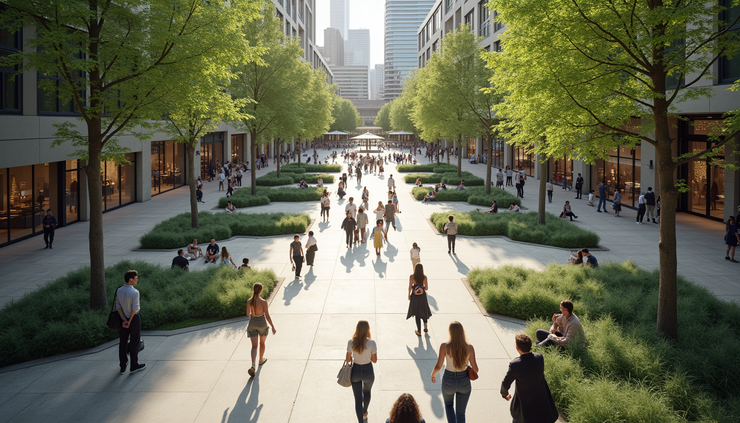 High angle view of an urban plaza with people gathering and green spaces integrated