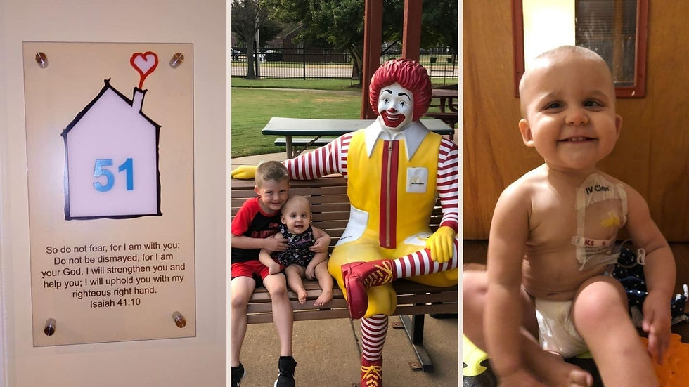 Three-panel collage: plaque with house and Isaiah 41:10, MAddy and her brother, Lucas, with Ronald McDonald, smiling baby Maddy with IV line.