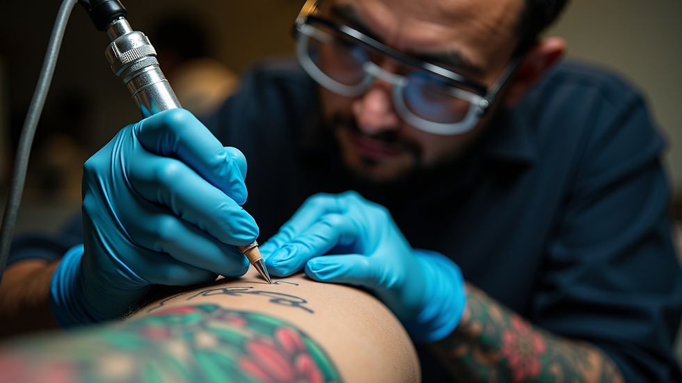 Eye-level view of a tattoo artist working on a colorful tattoo