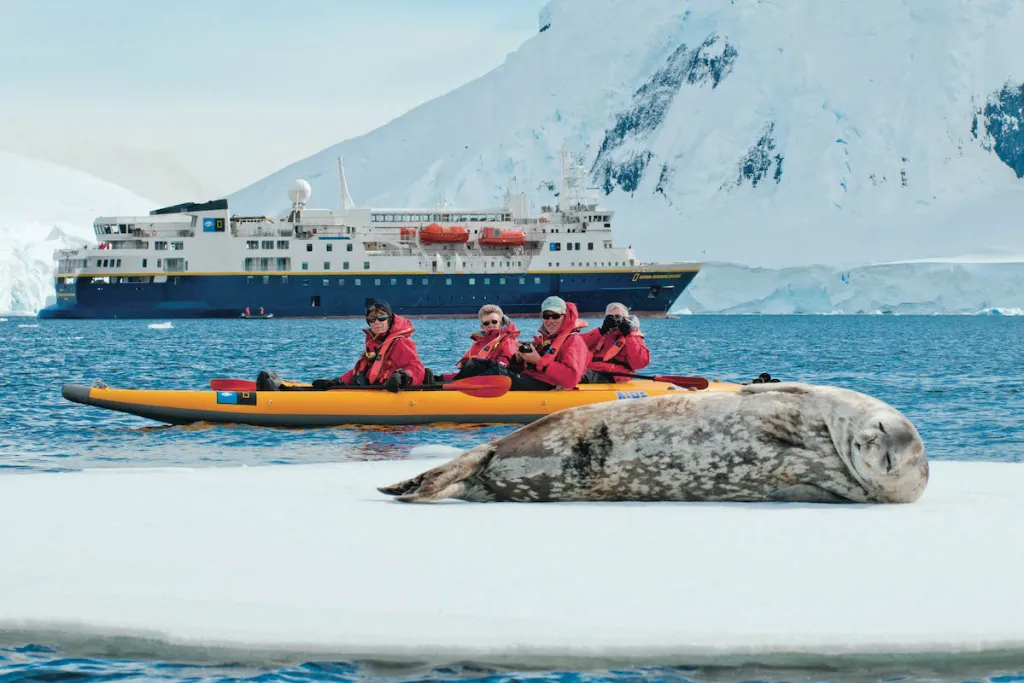 Guests kayaking near a seal in Antarctica on a Lindblad expedition, planned by Dani Garcia of Paradise and Pixie Dust Travel Agency.