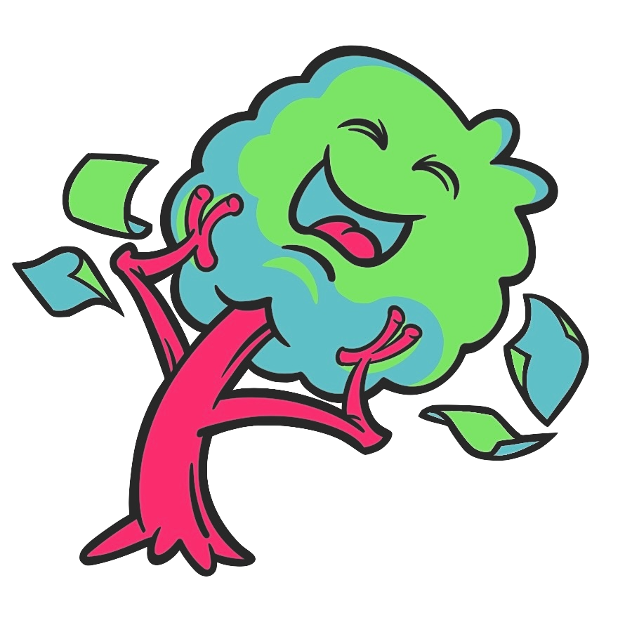 The Giggle Tree logo, a laughing tree with loose pages falling around it like leaves.