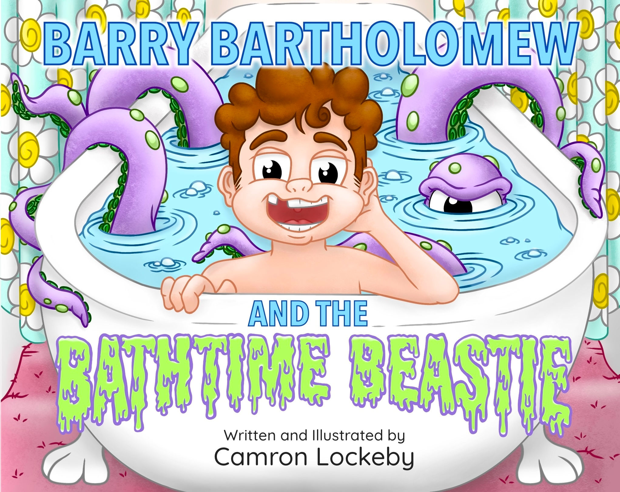 Book cover showing a young boy in the bathtub with a purple, octopus-like beastie about to tap him on the shoulder