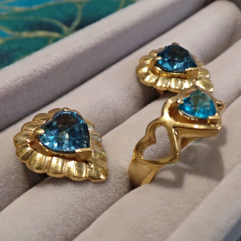 Thumbnail: Vintage Aquamarine Heart Ring and Earrings Set