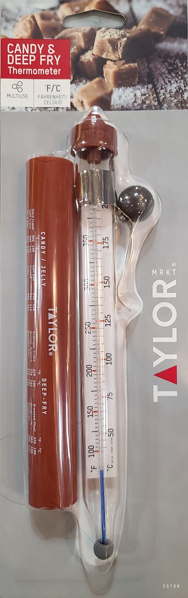 Thermometer shown for use with hot oil to make funnel cakes or corn dogs with
