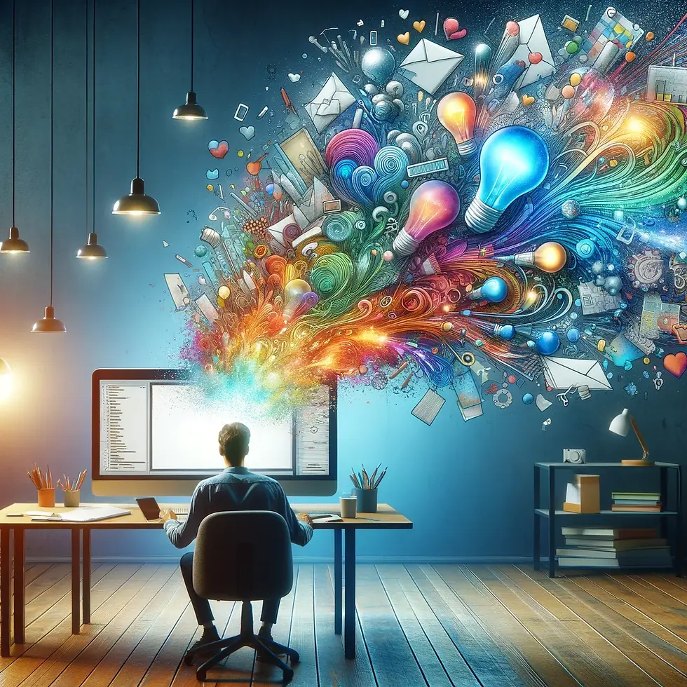 A man sitting in front of a large computer screen with a colorful series of symbols that represent the ChatGPT content creation.tool