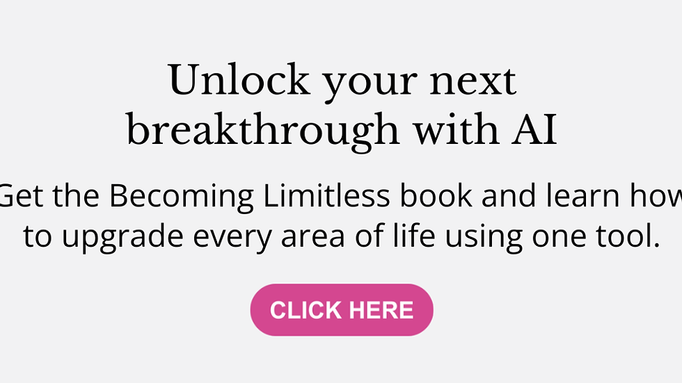 Two women converse onstage; one in a white suit. Text: "Unlock your next breakthrough with AI" and "CLICK HERE." Book: "Becoming Limitless."