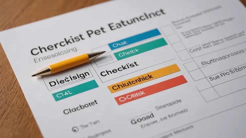 A checklist with a yellow pen on a wooden table. Colorful boxes with nonsensical words.