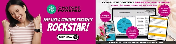 Woman celebrating, "Feel like a content strategy rockstar!" text, pink background, content planner and course details on the right.