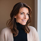 female entrepreneur in her 30's with brown hair and blue eyes dressed in a black turtle ne