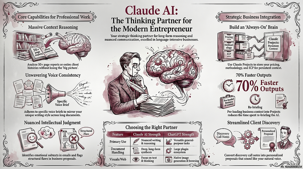 Infographic on Claude AI's capabilities: context reasoning, voice consistency, and business integration. Illustrations, text, and a feature comparison.