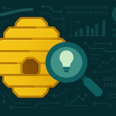 Yellow hive with a magnifying glass and lightbulb icon on a data background.