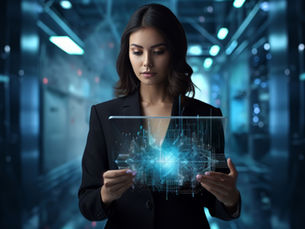 A professional in a high-tech environment examines a digital hologram, emphasizing advancements in data protection technology.