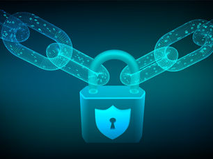 Digital lock and blockchain chain links symbolizing cybersecurity and secure data framework