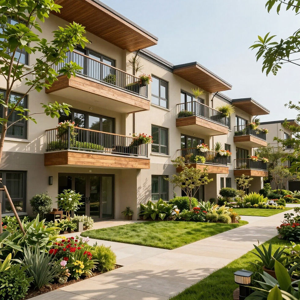 Residential apartment building with balconies and landscaped gardens, sunny day.