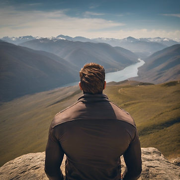 Man on mountain top looking out to valley below with river running through. 