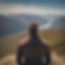 Man on mountain top looking out to valley below with river running through.