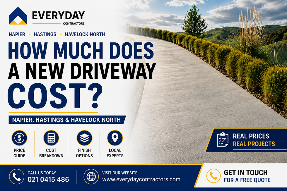 How much does a new concrete driveway cost in Napier, Hastings and Havelock North? Everyday Contractors guide featuring a newly completed concrete driveway, pricing information, finish options and local installation experts.