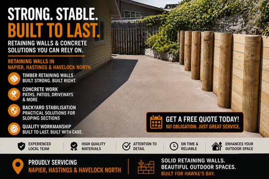 Timber retaining wall and a concrete courtyard, providing backyard stabilisation and landscaping in Napier, Hastings, and Havelock North.