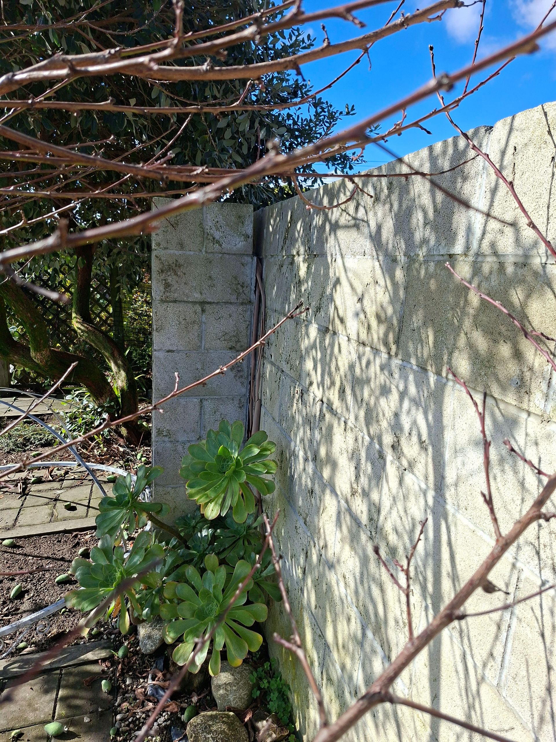 Concrete block wall with visible cracking and deterioration before replacement with a timber and Sma