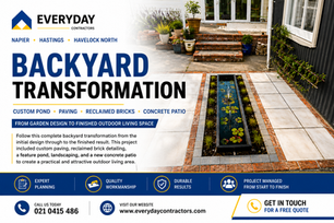 Complete backyard makeover with custom pond, paving, reclaimed bricks and concrete patio by Everyday Contractors, serving Napier, Hastings and Havelock North, New Zealand.