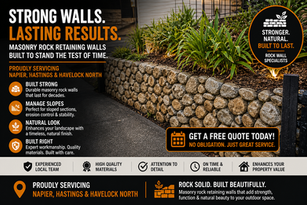 Expert masonry rock wall construction creating a natural, long-lasting retaining solution for landscaping and outdoor spaces in Napier, Hastings, and Havelock North.